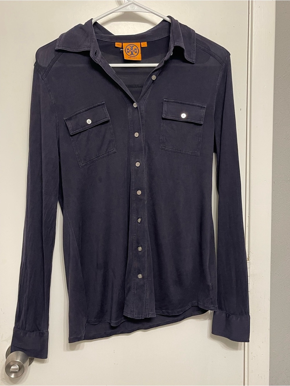 Tory Burch 100% Silk Navy Blue Utility Button Down Shirt Blouse Small